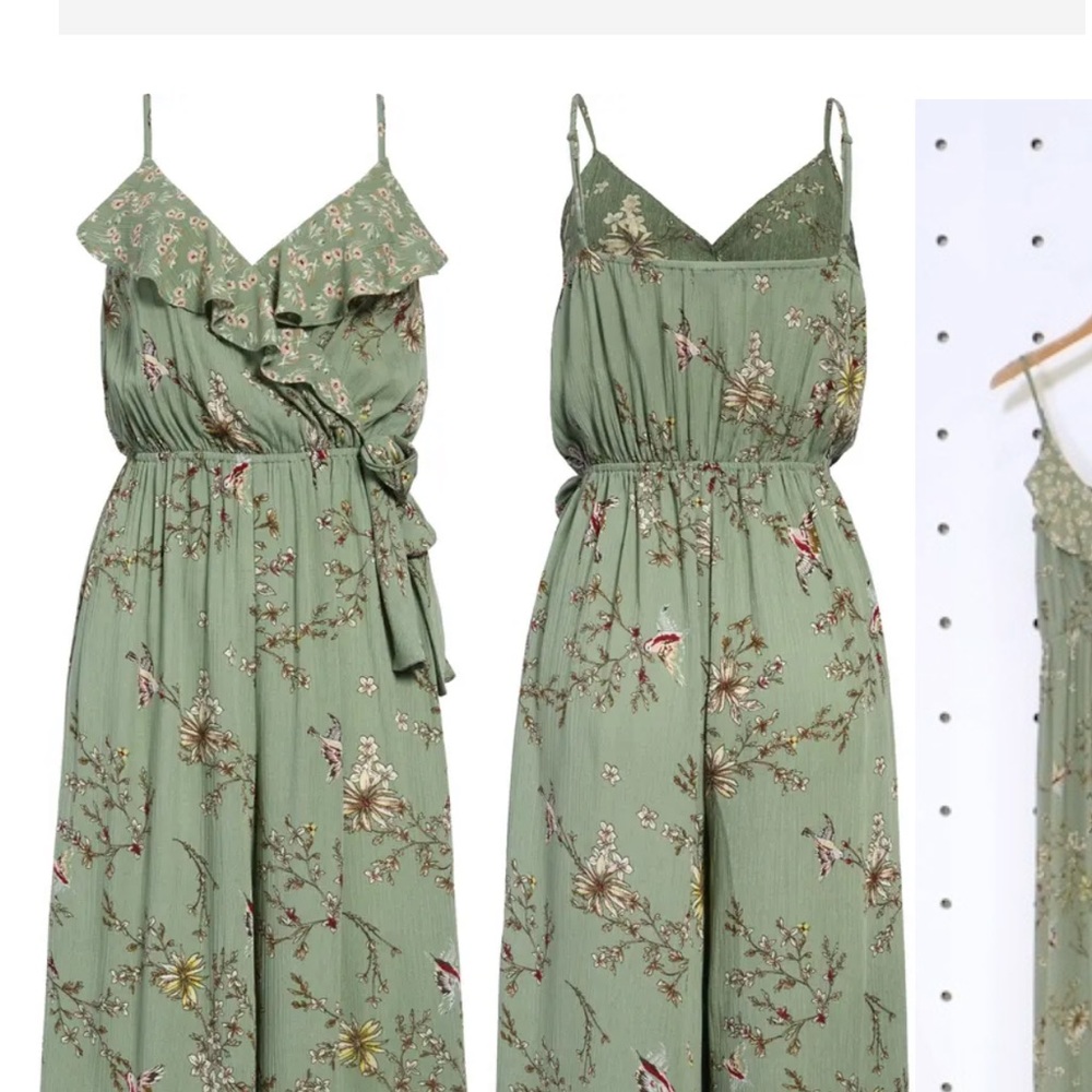 Flora & Fauna Print Ruffle Jumpsuit- Light Green M